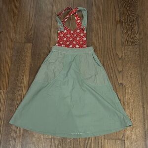 Vtg the strawberry plant green calico red jumper pinafore cottage core dress XS-